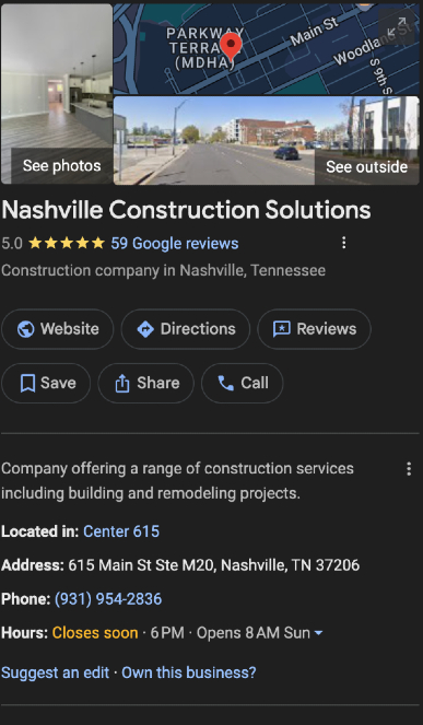 Nashville Construction Solutions — verified on Google, 5.0 stars / 59 reviews
